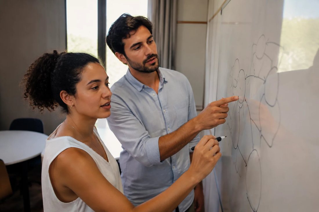 Duas pessoas diante de um quadro branco com a armação de um argumento rabiscada