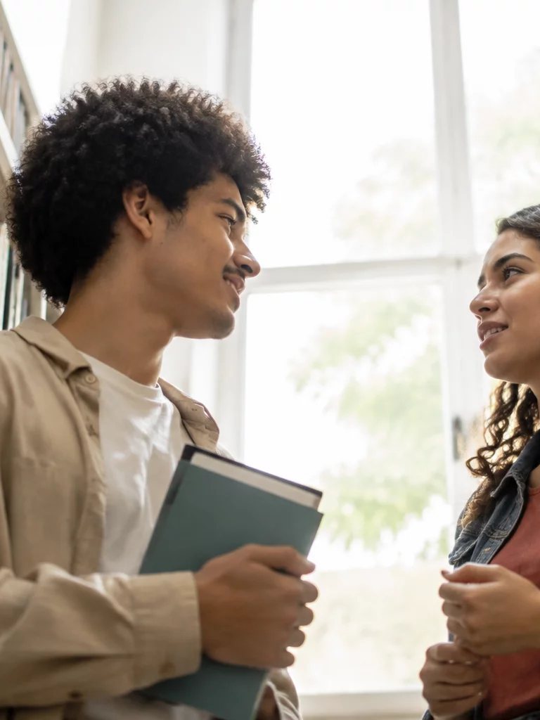 Duas participantes conversando de pé no corredor entre prateleiras de livros